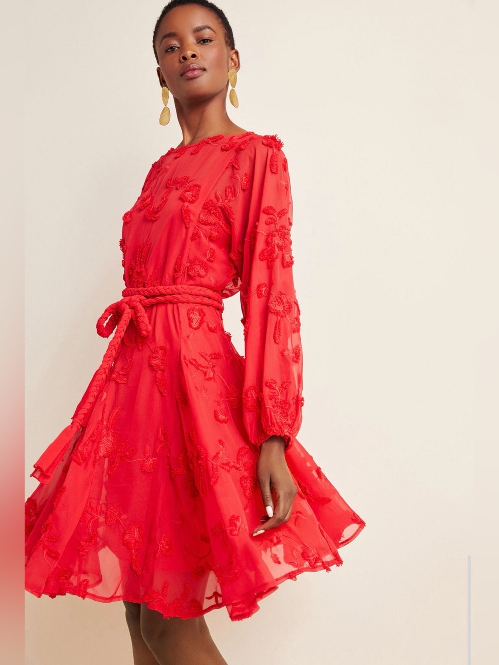 Braided-Belt Red Long-Sleeve Embroidered/ textured Dress